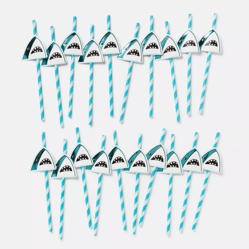 Shark Party Paper‎ Straws Pack of 20 Ocean Theme Blue Stripe Kids Birthday NEW